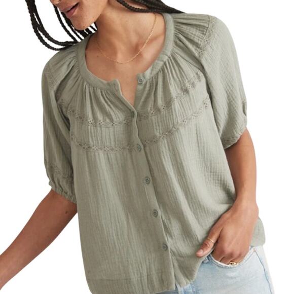 Marine Layer XS Wren Puff Sleeve Top Faded Olive Crinkle Cotton - Picture 1 of 10